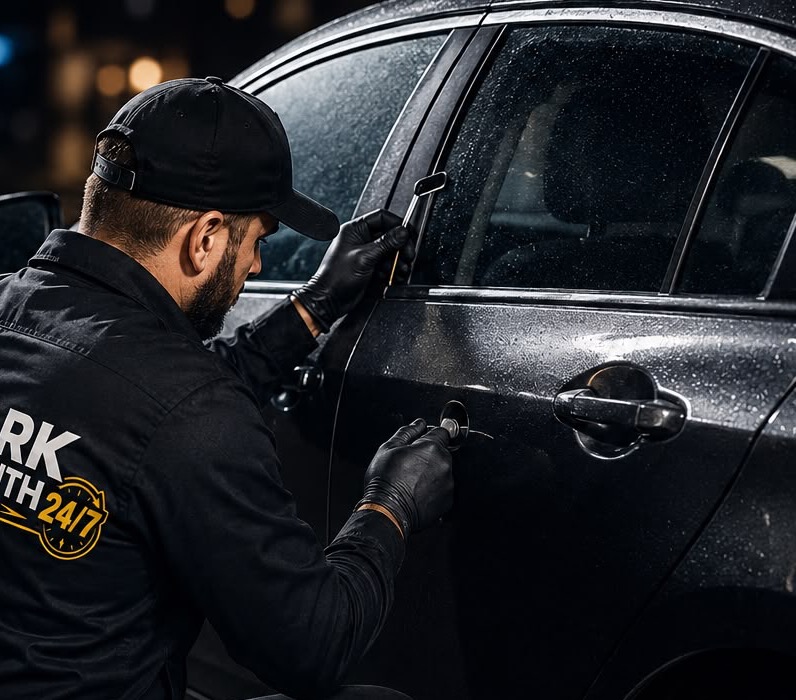 Branded illustration of a Shark locksmith working at a car door